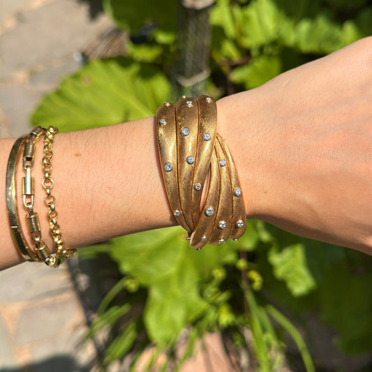 Estate 18KT Yellow Gold Scattered Bezel-Set Diamond Bangle Matte Cuff Bangle Bracelet