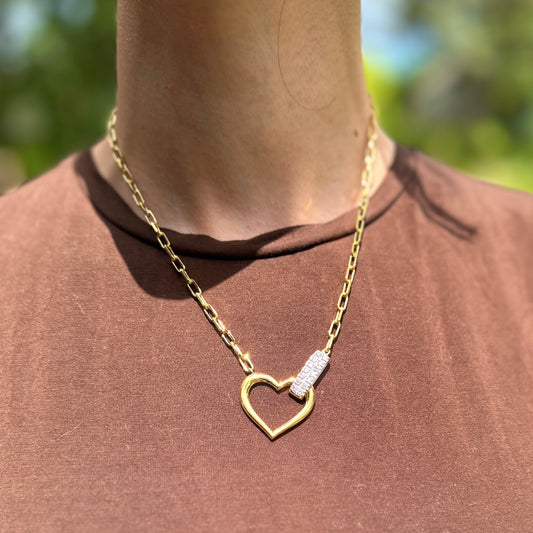 14KT Yellow Gold Plated Sterling Silver Steel Necklace with Pave Lab Diamond Open Heart Charm