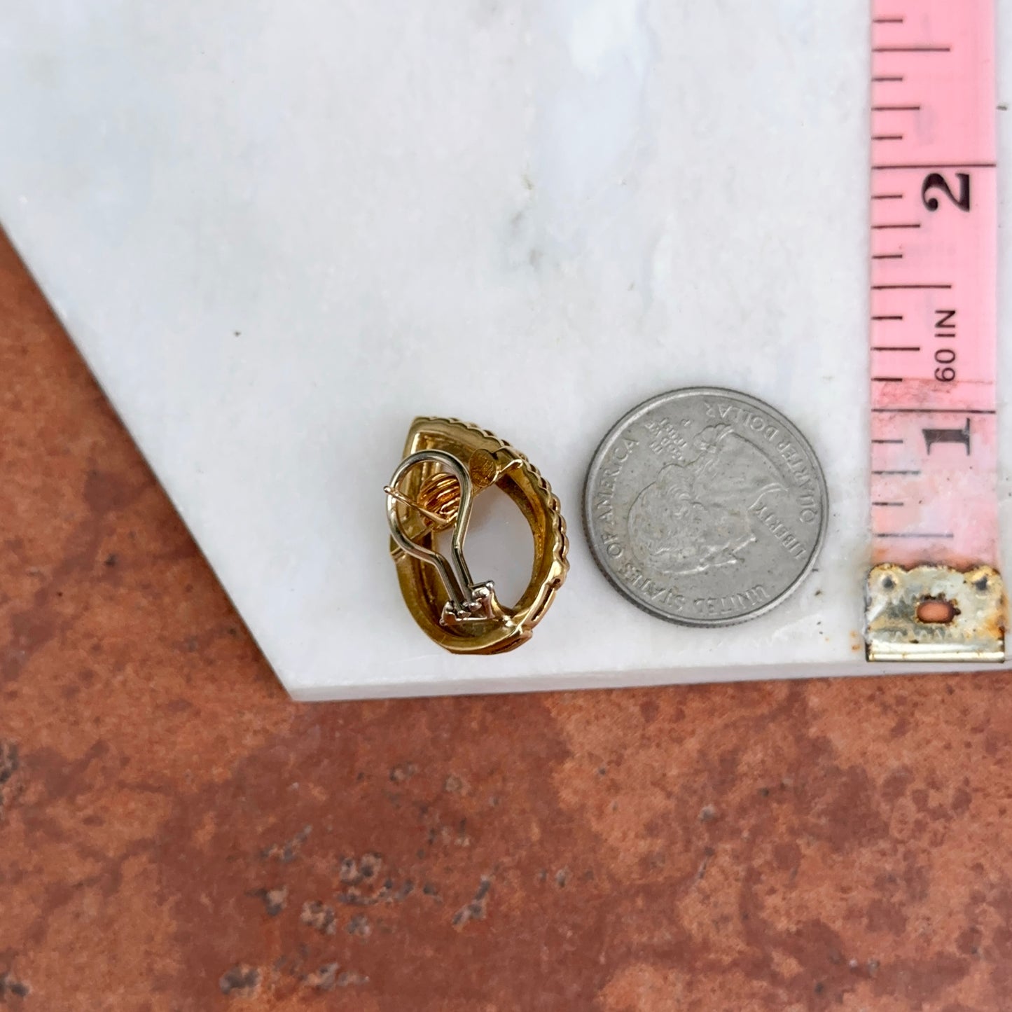 Estate 18KT Yellow Gold Teardrop Mabe Pearl + Diamond Omega Earrings