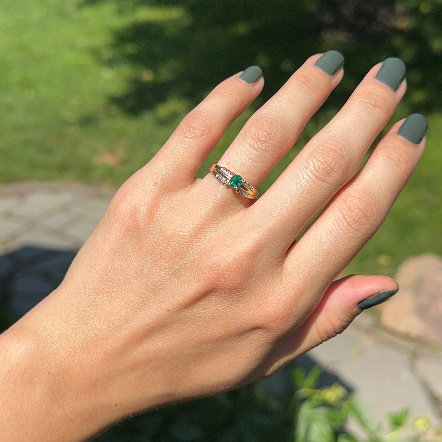 Estate 14KT Yellow Gold Oval Emerald + Round Diamond Ring