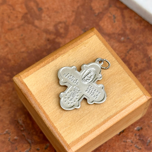 Sterling Silver Platinum-Plated Gold Border 4-was Medal Cross Pendant Charm 35mm