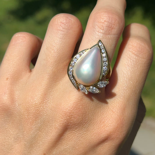 Estate 18KT Teardrop Mabe Pearl + Diamonds Ring