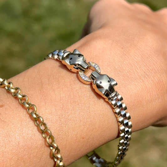 14KT Yellow Gold Double Panther Head CZ Brick Link Bracelet