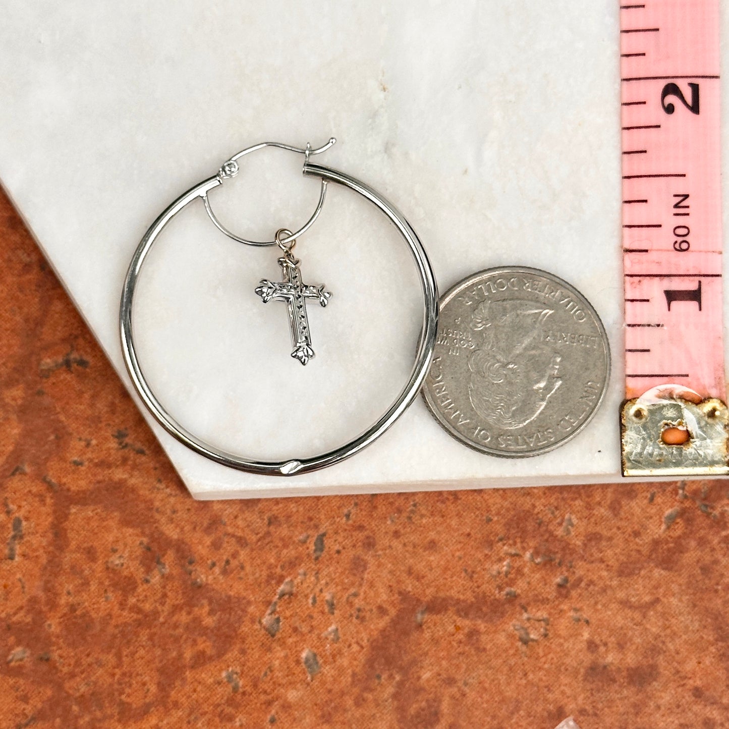 14KT White Gold Cross Charm Inside Hoop Earrings 40mm Defect