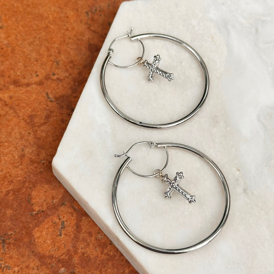 14KT White Gold Cross Charm Inside Hoop Earrings 40mm Defect