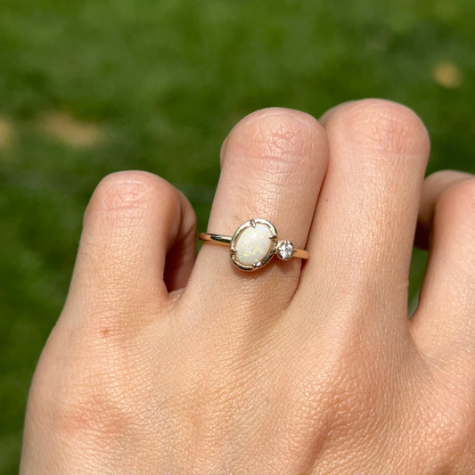14KT Yellow Gold Oval White Opal + Round Diamond Off Set Ring