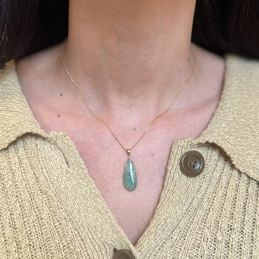 Estate 14KT Yellow Gold Jade Teardrop Pendant Charm 25mm