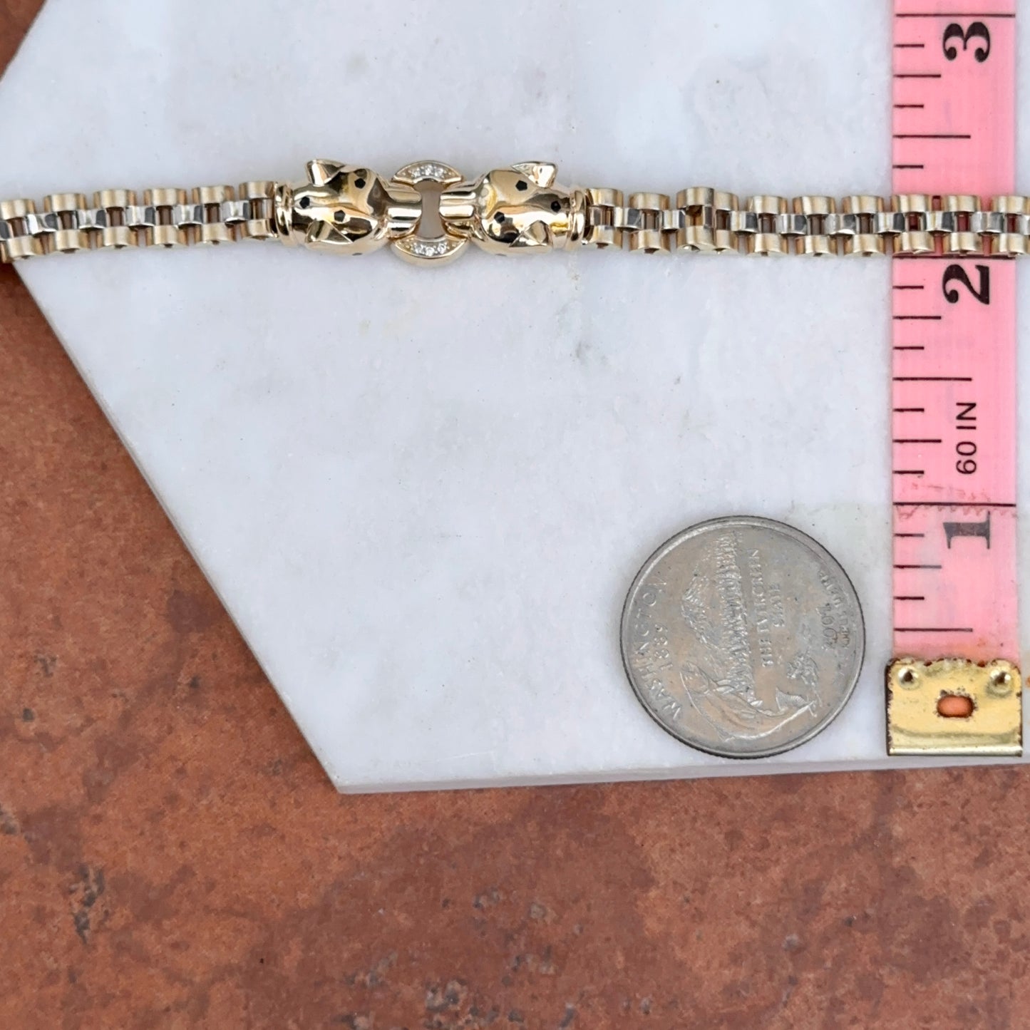 14KT Yellow Gold Double Panther Head CZ Brick Link Bracelet