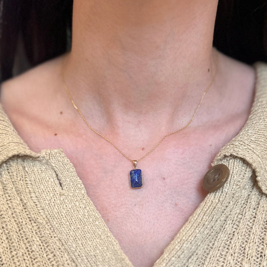 14KT Yellow Gold Blue Lapis Rectangle Bezel Pendant Charm - LSJ