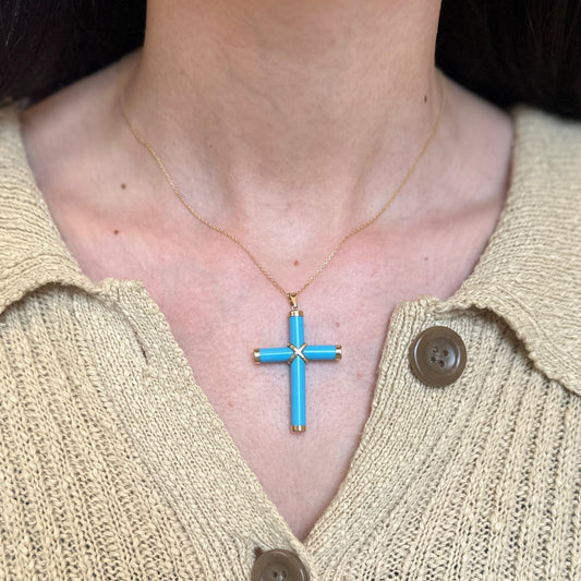 14KT Yellow Gold Turquoise Gemstone Detailed Cross Pendant Charm 40mm