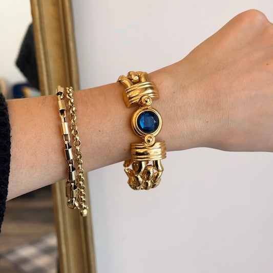 Yellow Gold-Plated Kenneth Jay Lane Wide Link Round Blue Stone Bracelet