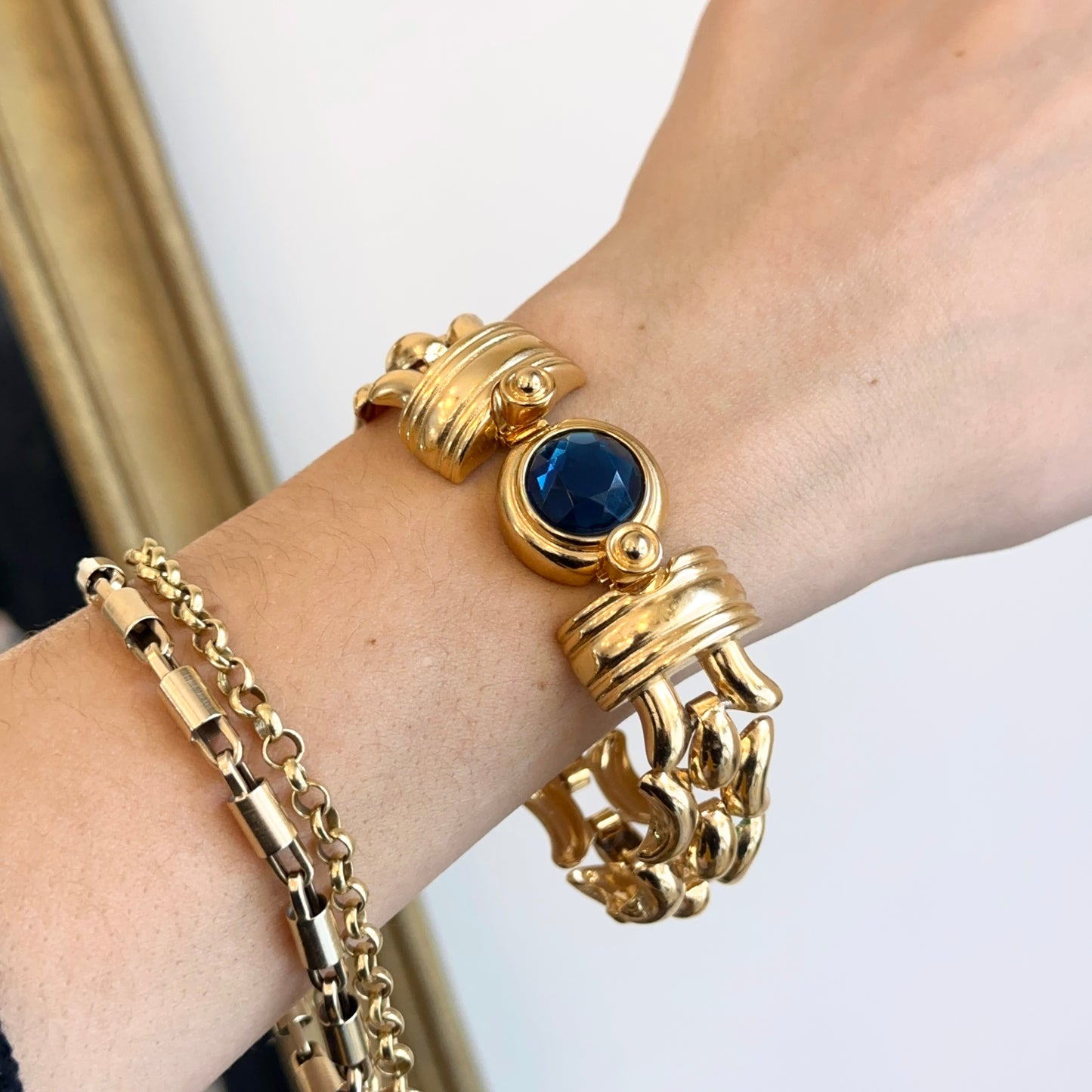 Yellow Gold-Plated Kenneth Jay Lane Wide Link Round Blue Stone Bracelet