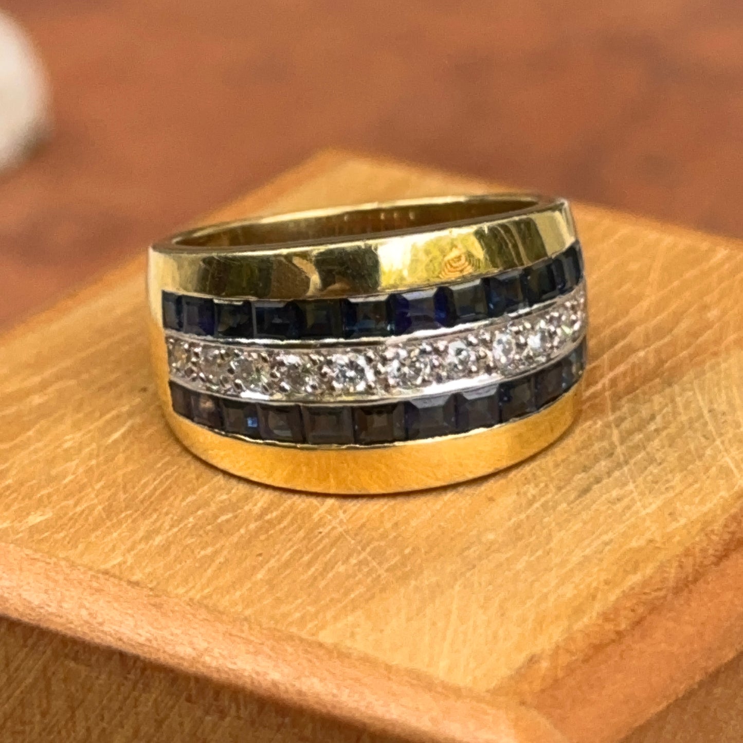 Estate 18KT Yellow Gold Princess-Cut Sapphire + Diamond Band Ring