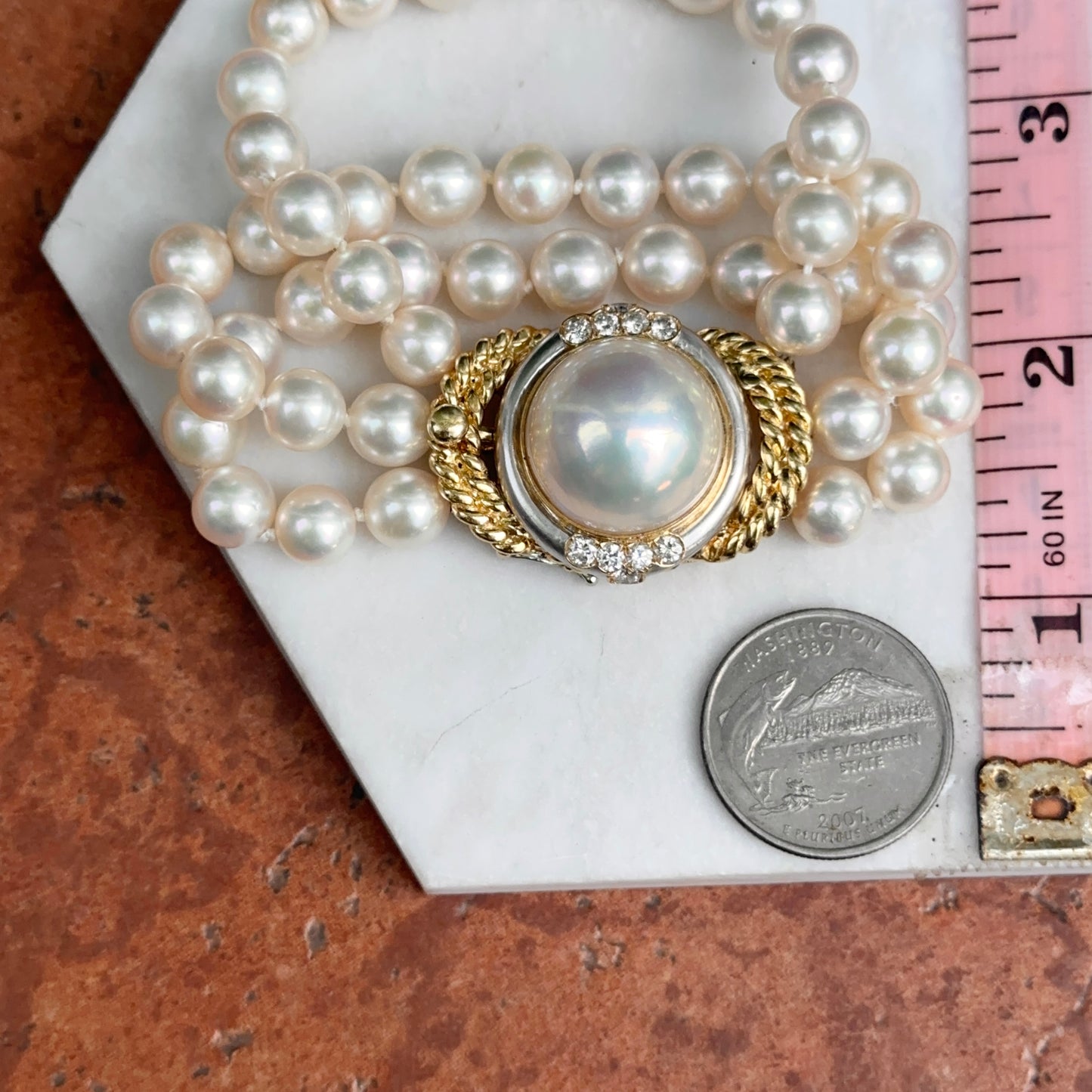 Esttae 18KT Yellow Gold Mabe Pearl + Diamond 3-Strand Bracelet