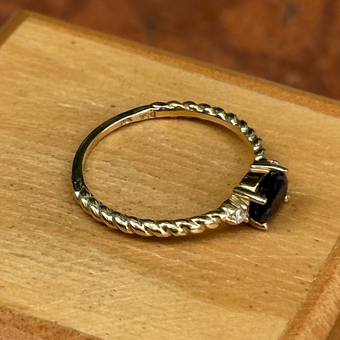 10KT Yellow Gold Oval Sapphire + Round Diamond Twisted Style Ring