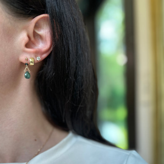 14K Yellow Gold Teardrop Cabochon Emerald Dangle Ball Pierced Earrings