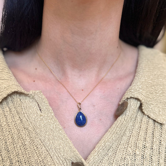 Estate 14KT Yellow Gold Lapis Teardrop Bezel Pendant Enhancer