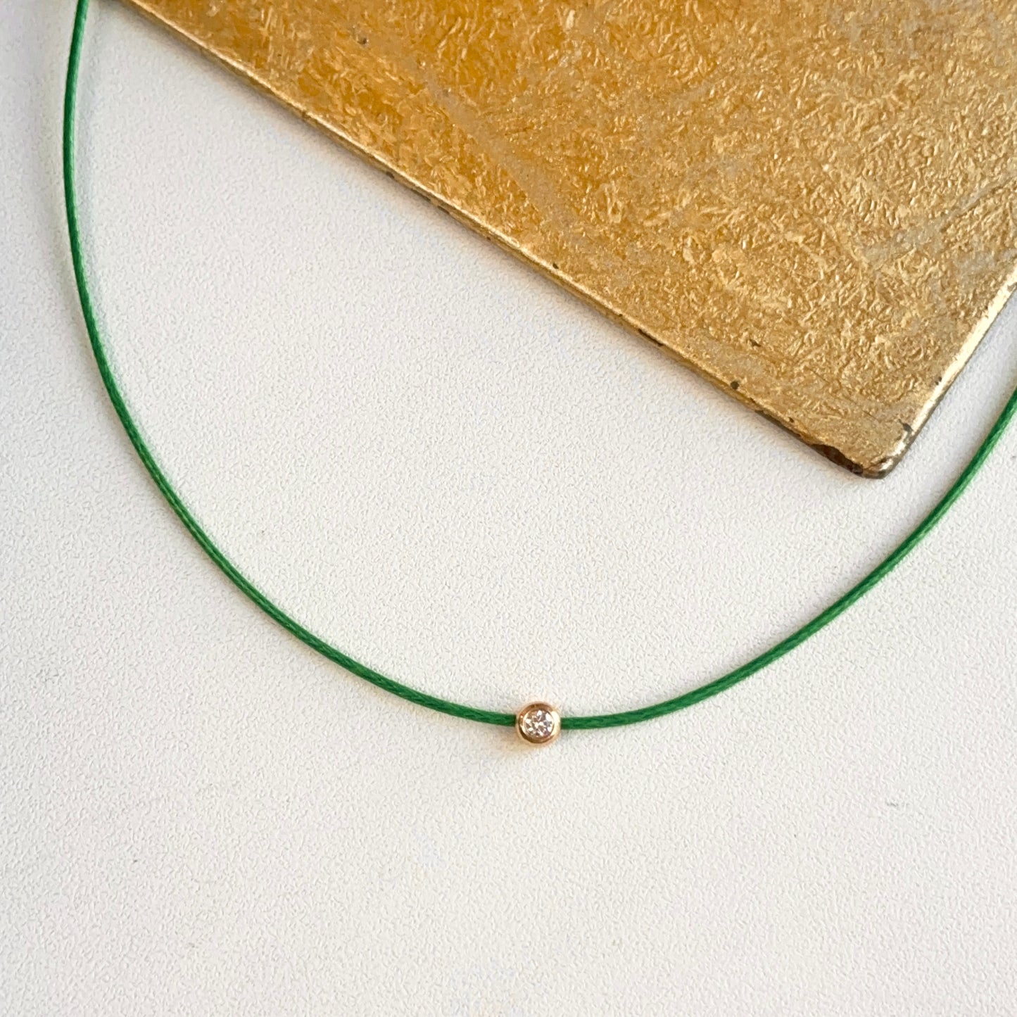 14KT Yellow Gold Green Silk Cord Necklace + Bezel Diamond Slide Pendant