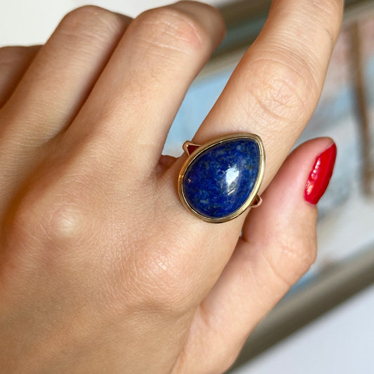 Estate 14KT Yellow Gold Teardrop Lapis Lazuli Bezel-Set Ring