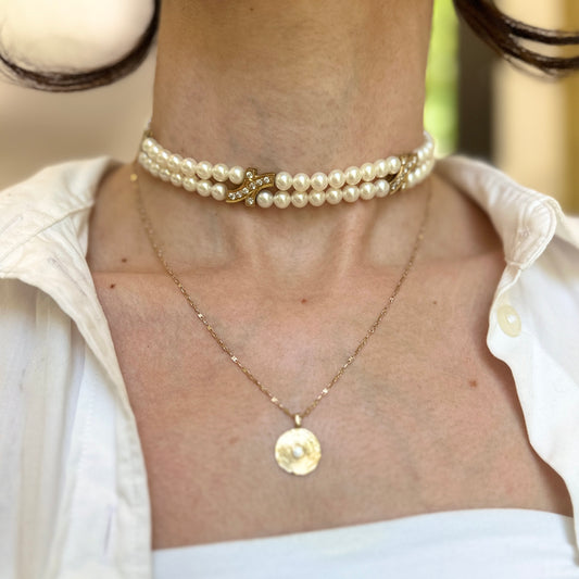 Estate 18KT Yellow Gold Diamond “X” Spacers + Cultured Pearl Choker Necklace