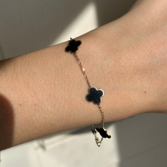 14KT Yellow Gold Black Onyx 10mm 4 Leaf Clover Charm Bracelet