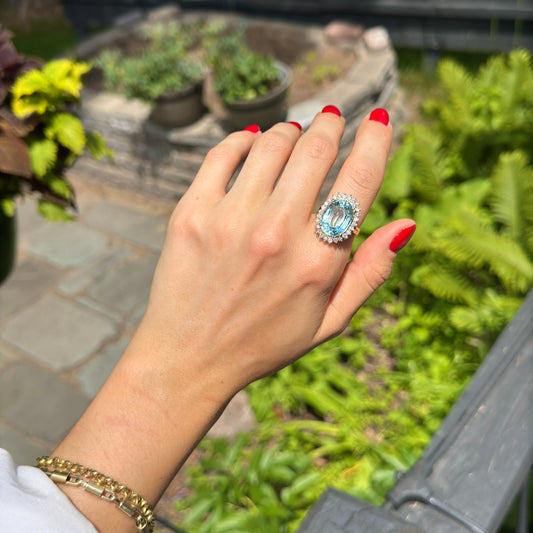 Estate 18KT Yellow Gold Oval Aquamarine + Halo Diamond