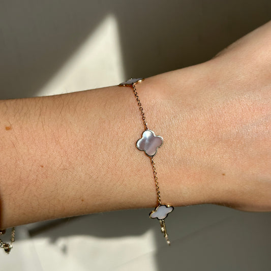 14KT Yellow Gold Mother of Pearl 10mm 4 Leaf Clover Charm Chain Bracelet
