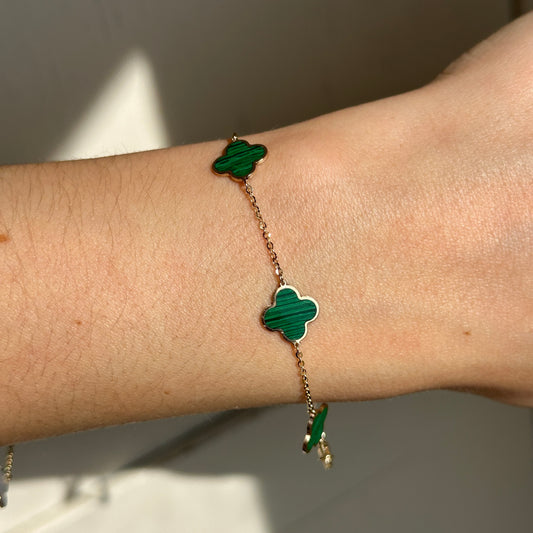 14KT Yellow Gold Malachite 10mm 4 Leaf Clover Charm Chain Bracelet