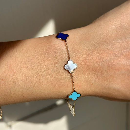 14KT Yellow Gold 10mm Lapis, Turquoise + Pearl 4 Leaf Clover Charm Chain Bracelet