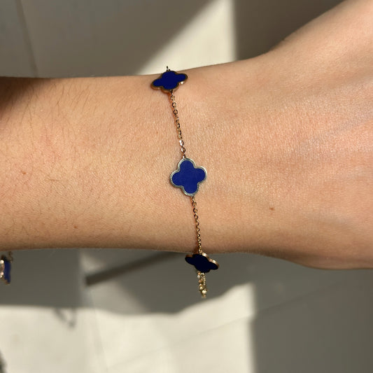 14KT Yellow Gold Blue Lapis 10mm 4 Leaf Clover Charm Chain Bracelet