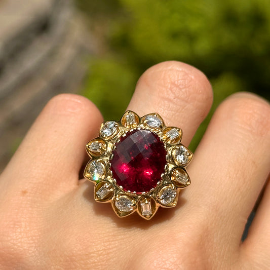 Estate 18KT Yellow Gold Rubelite Tourmaline + Baguette & Round Diamond Ring