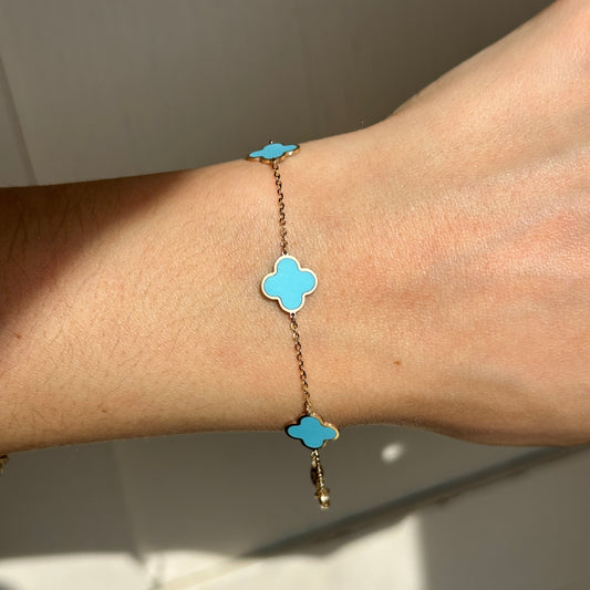 14KT Yellow Gold Turquoise 10mm 4 Leaf Clover Charm Chain Bracelet