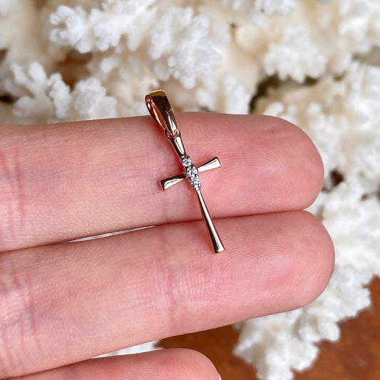 14KT Rose Gold .03 CT Diamond Small Cross Pendant Charm NEW - LSJ