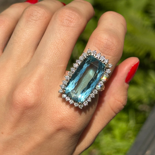 Estate 14KT Yellow Gold Rectangle 24 CT Aquamarine + Halo Diamond Ring