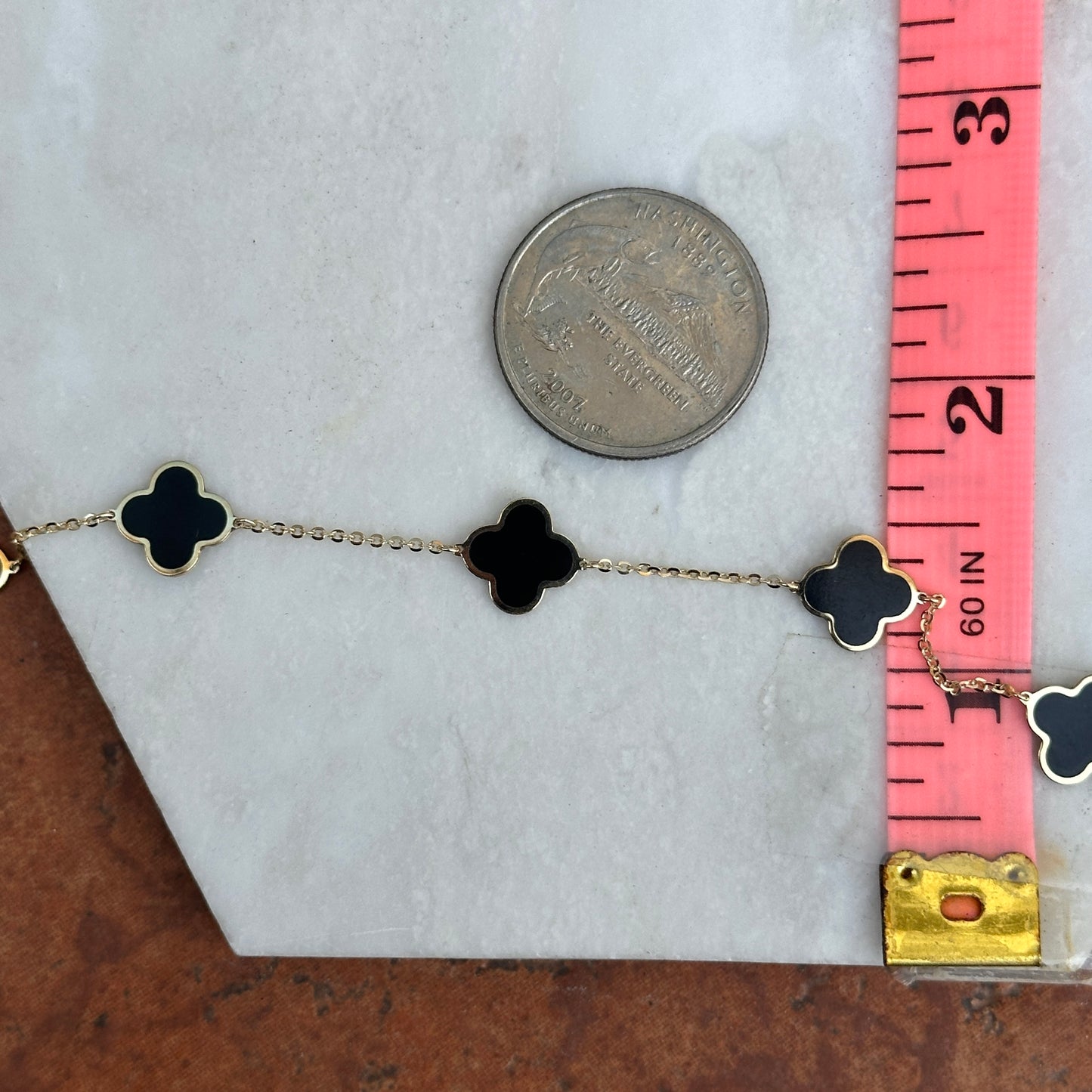 14KT Yellow Gold Black Onyx 10mm 4 Leaf Clover Charm Bracelet