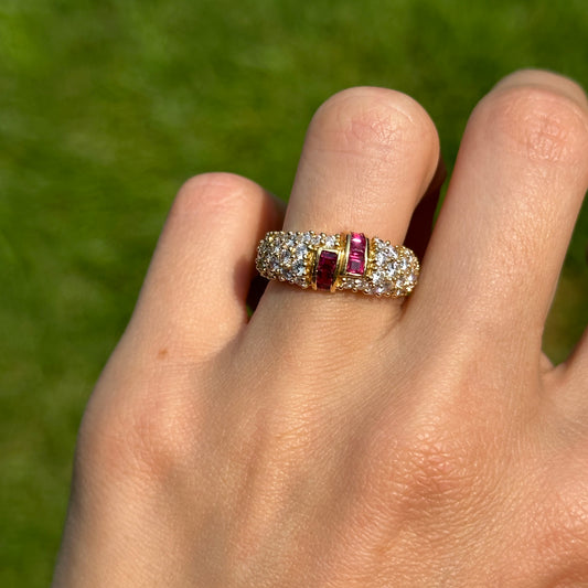 18KT Yellow Gold Square Cut Ruby and Diamond Band Ring