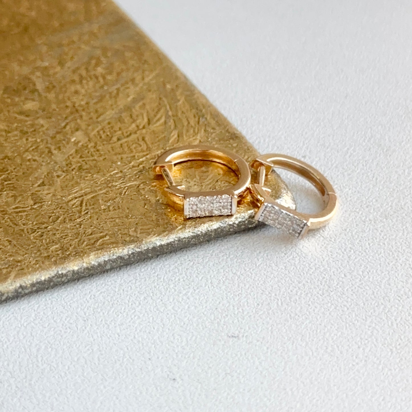 14KT Yellow Gold Pave Diamond Bar Huggie Hoop Earrings