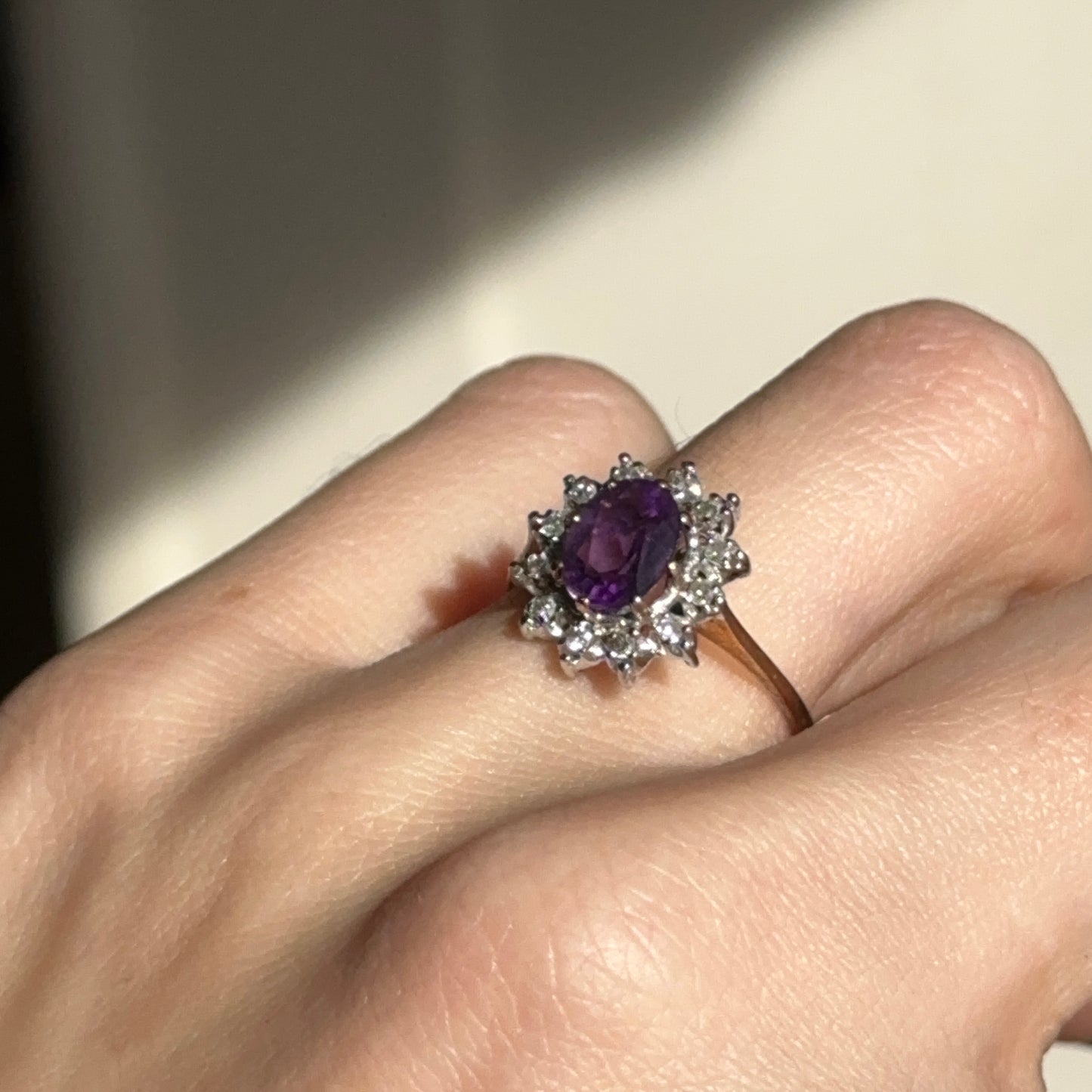 Estate 10KT Yellow Gold Pave Diamond Halo + Oval Purple Amethyst Ring