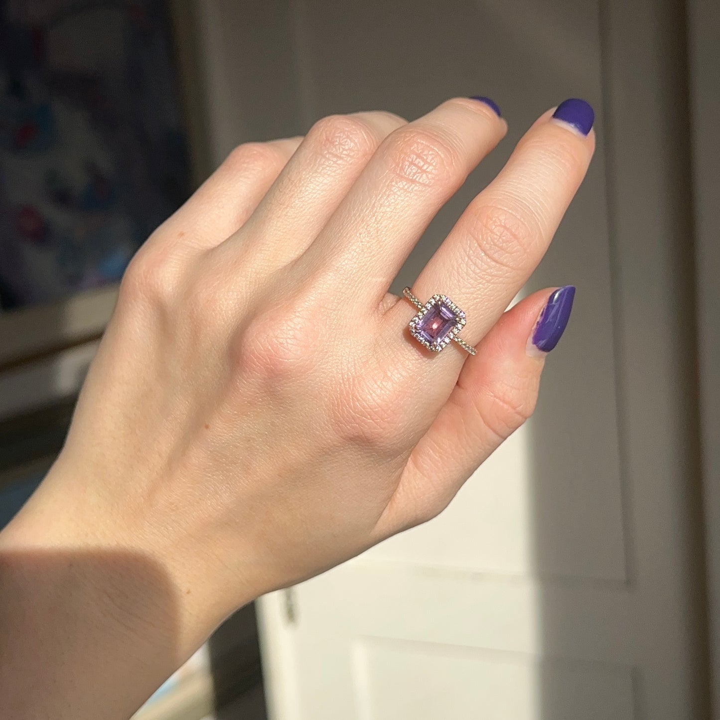 Estate 10KT Rose Gold Emerald Cut Amethyst + Round Diamond Halo Ring