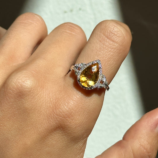14KT White Gold Pear Citrine + Diamond Halo Ring