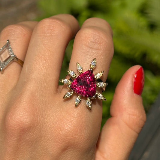 Estate Platinum + Yellow Gold Rubelite Trillion Tourmaline, + Round Diamond Halo Flower Ring
