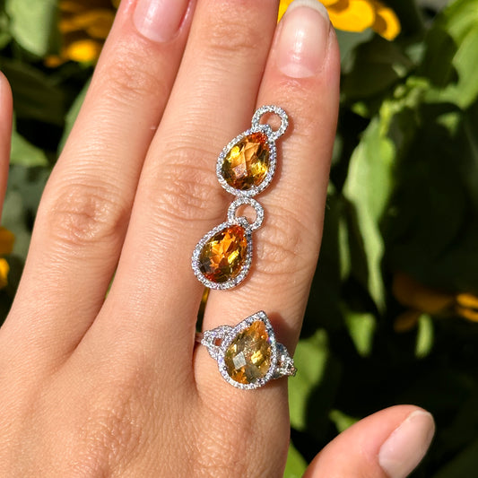 14KT White Gold Diamond Halo + Pear Citrine Earring Charms