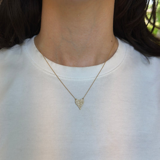 Estate 14KT Yellow Gold Pave Diamond Heart Pendant Chain Necklace