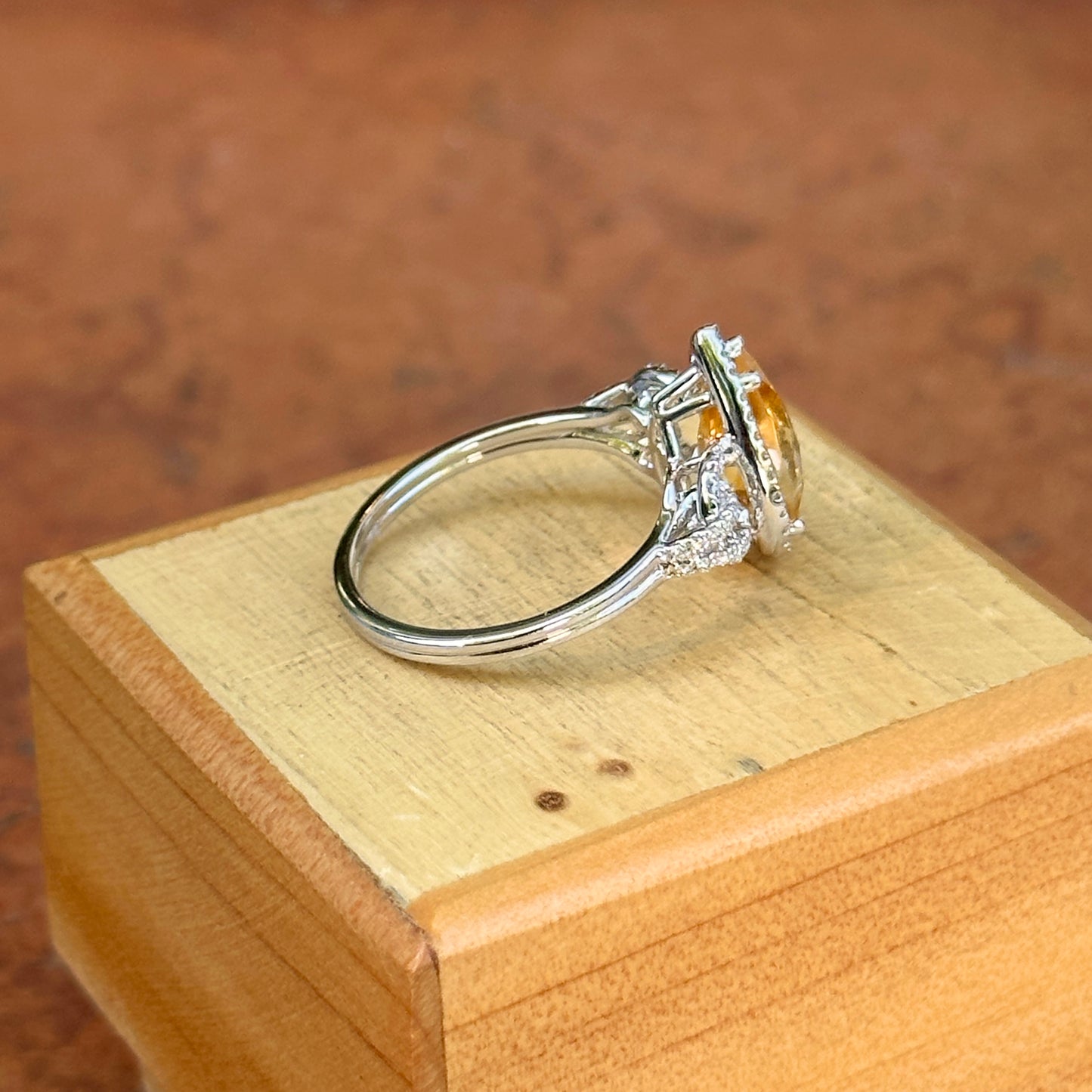 14KT White Gold Pear Citrine + Diamond Halo Ring
