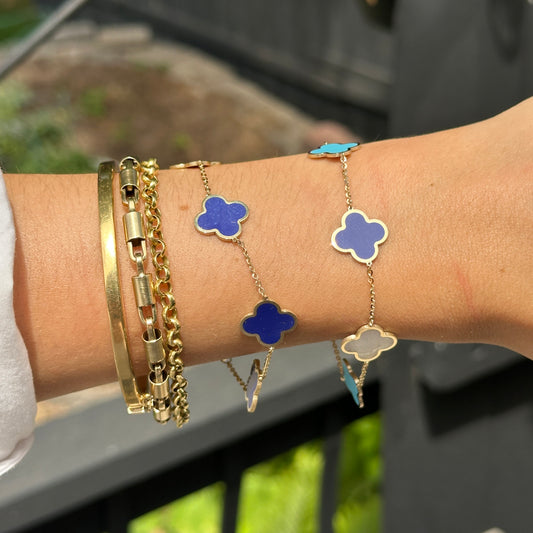 14KT Yellow Gold 14mm Lapis, Mother of Pearl + Turquoise Clover Station Chain Bracelet