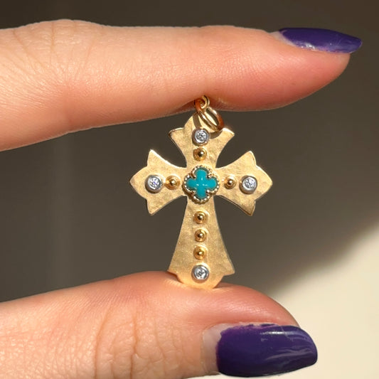 14KT Yellow Gold Matte Turquoise + Diamond Cross Pendant