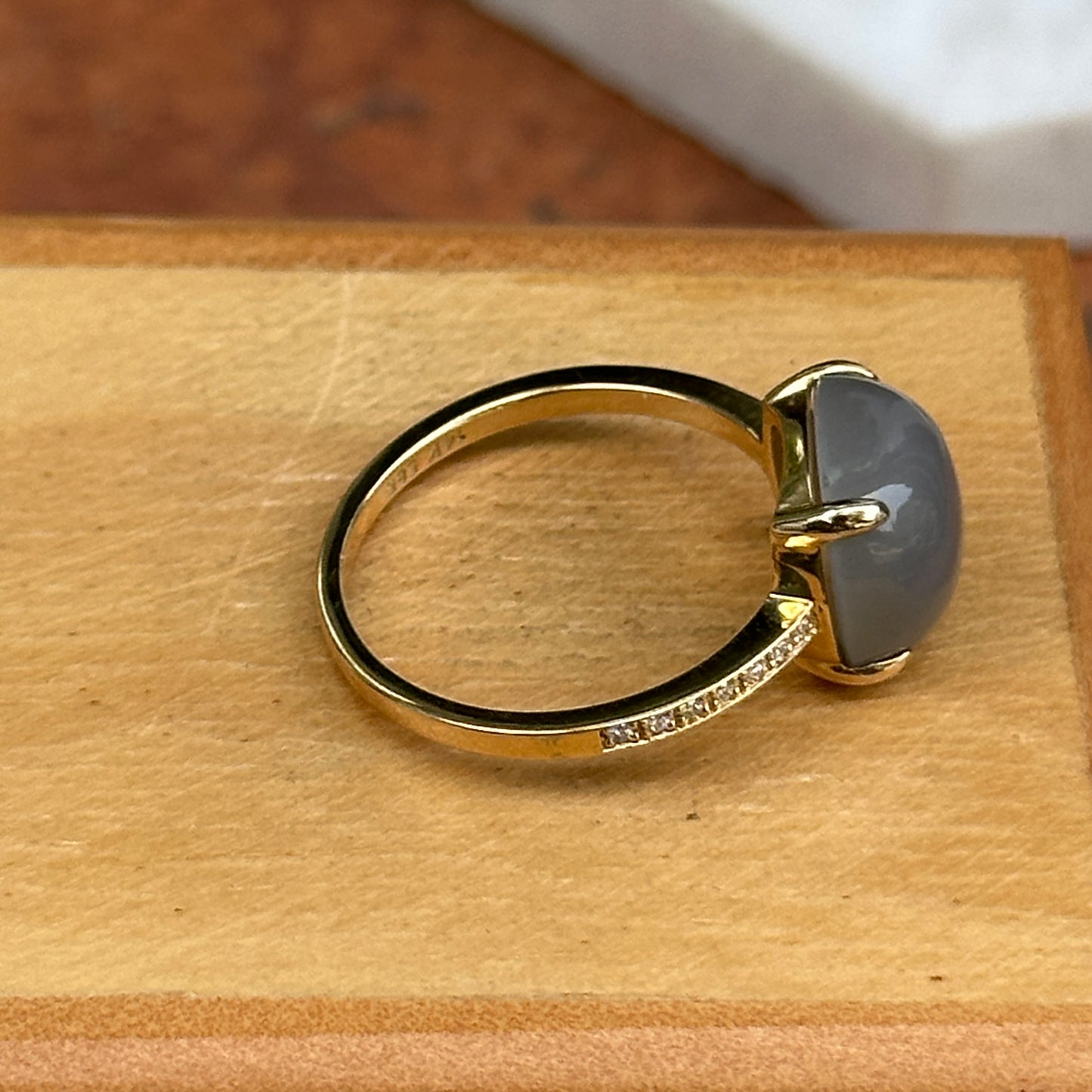 Estate 14KT Yellow Gold Moonstone + Diamond Ring