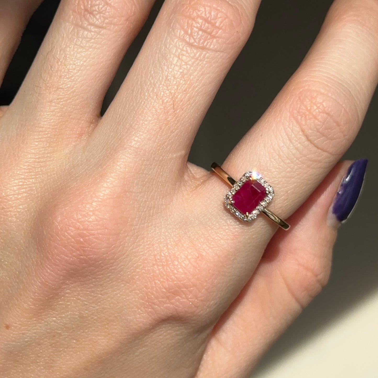 Estate 14K Yellow Gold Emerald-Cut Ruby + Round Diamond Halo Ring
