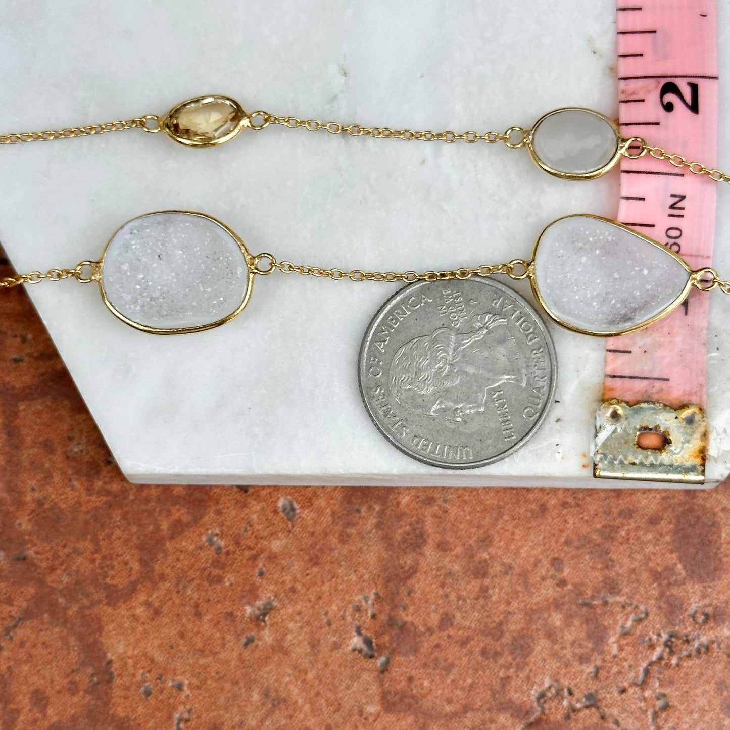 Sterling Silver Yellow Gold-Plated Druzy, Moonstone, Citrine Station Necklace