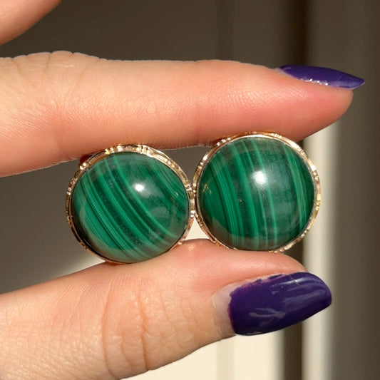 Vintage 14KT Yellow Gold Round Cabochon Green Malachite Omega Earrings 20mm